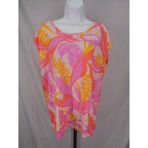 C & C California Floral Leaf Linen Top Button Back Medium Hawaiian Tropical New